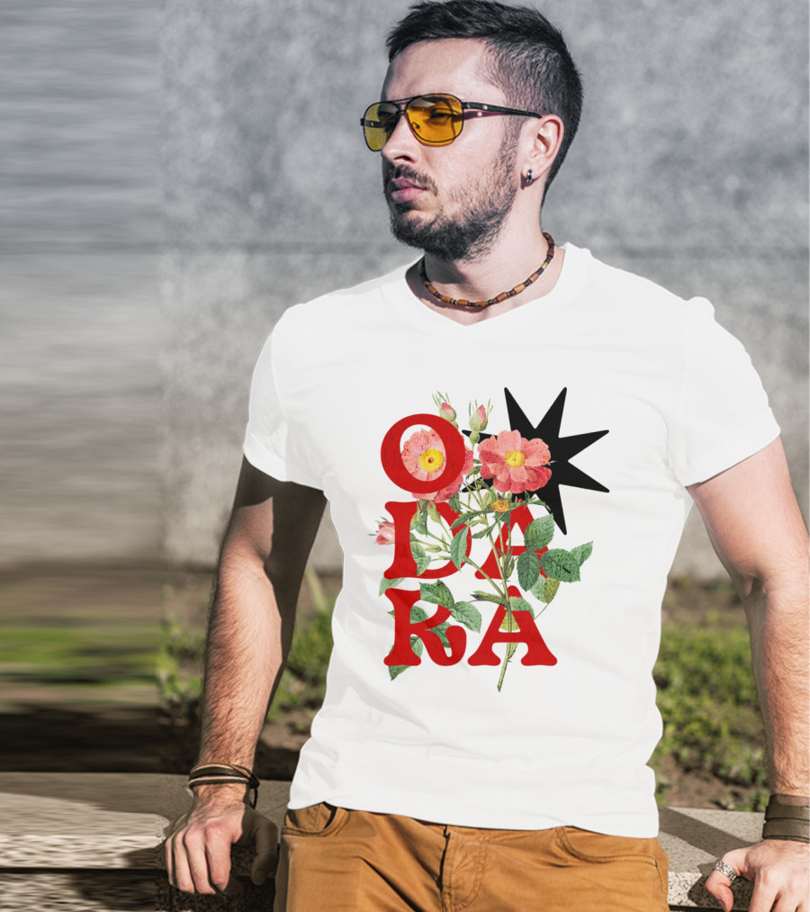 ODARA Bold Floral Art With Red Letters And Pink Flowers T-Shirt