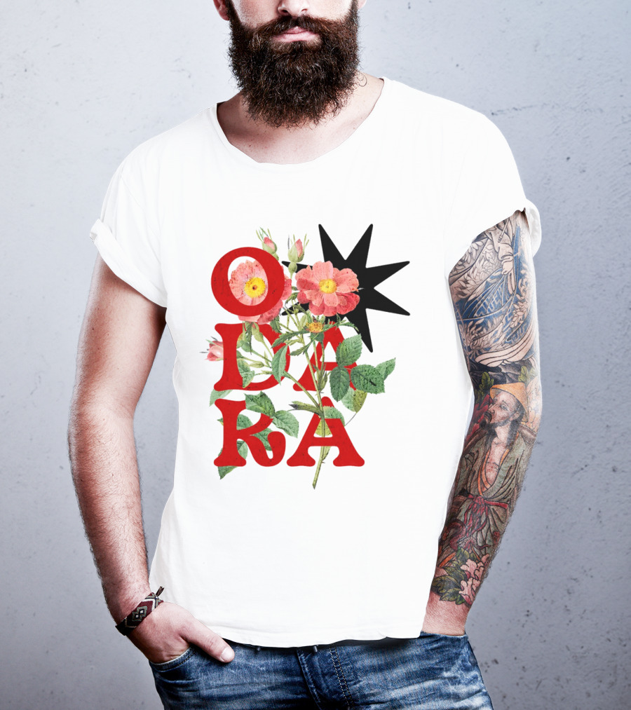 ODARA Bold Floral Art With Red Letters And Pink Flowers T-Shirt
