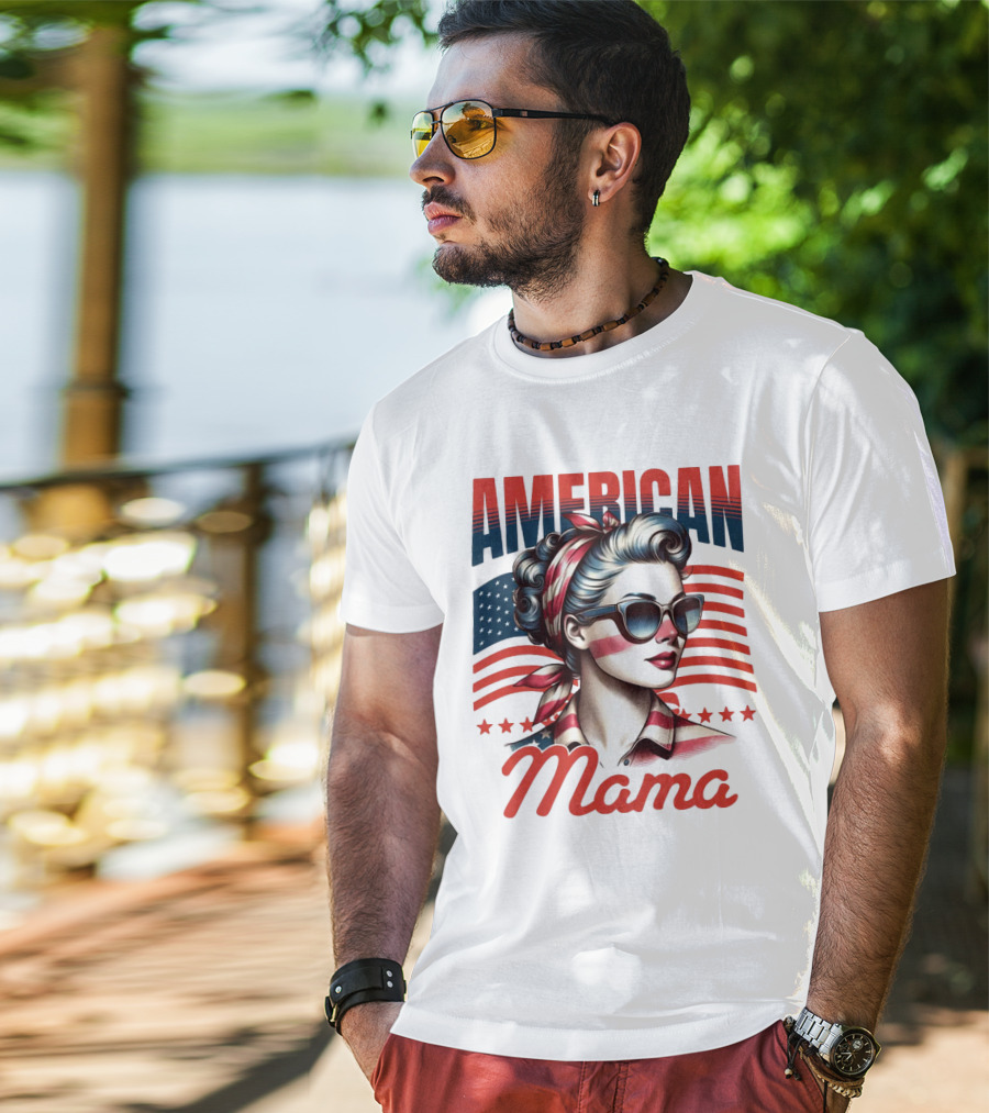 American Mama Vintage Patriotic Bandana Sunglasses Retro Flag Stars T-Shirt