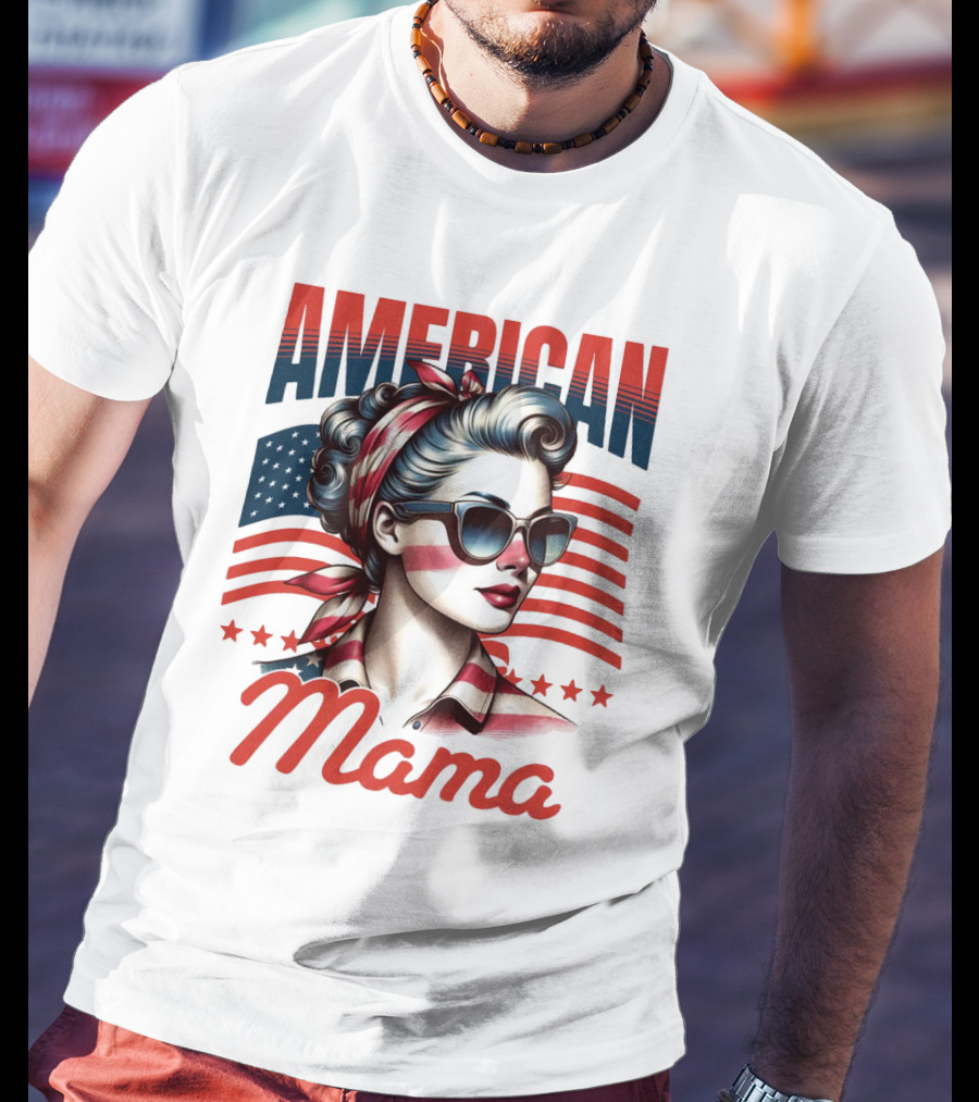 American Mama Vintage Patriotic Bandana Sunglasses Retro Flag Stars T-Shirt