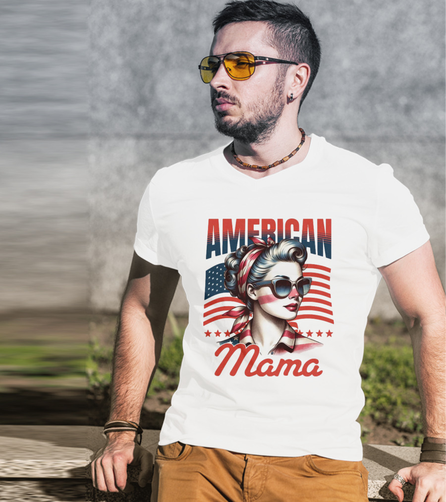 American Mama Vintage Patriotic Bandana Sunglasses Retro Flag Stars T-Shirt