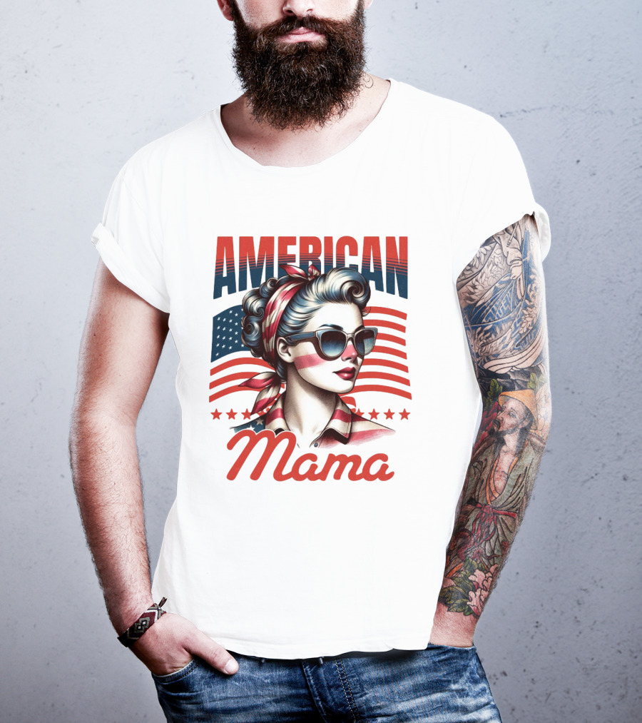 American Mama Vintage Patriotic Bandana Sunglasses Retro Flag Stars T-Shirt