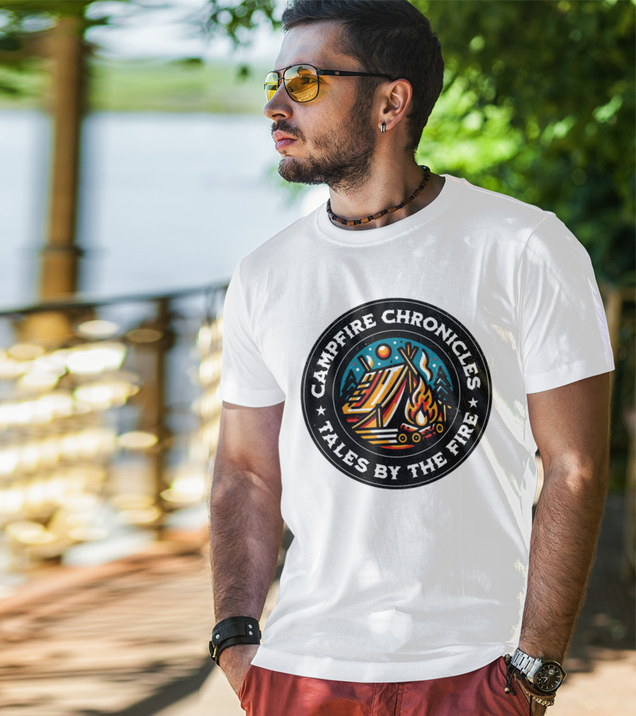 Campfire Chronicles Tales By The Fire Moonlit Tent And Bonfire Scene T-Shirt