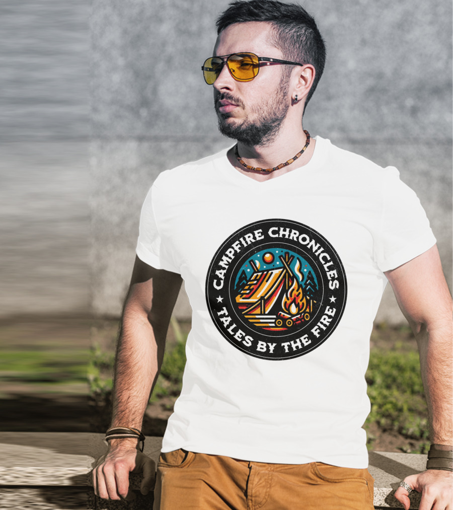 Campfire Chronicles Tales By The Fire Moonlit Tent And Bonfire Scene T-Shirt
