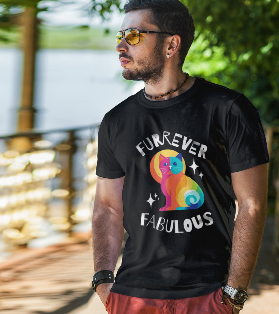 Furrever Fabulous Rainbow Cat With Stars T-Shirt