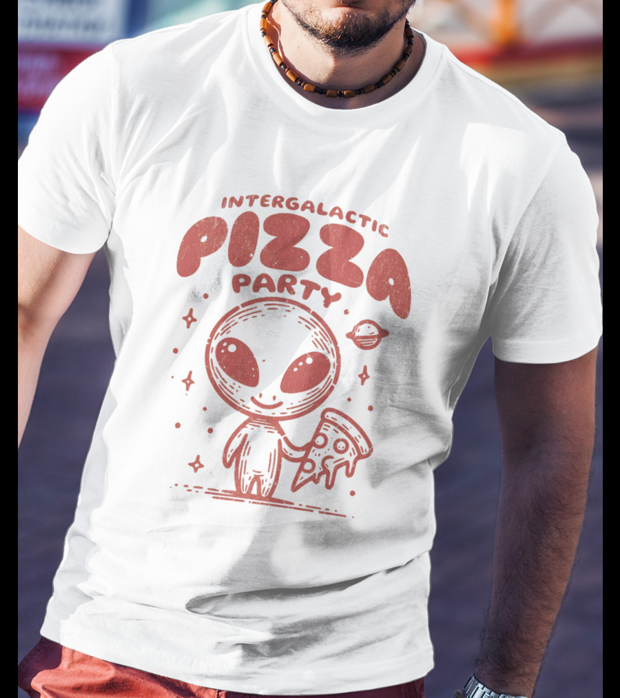 Intergalactic Pizza Party Alien Holding Pizza With Stars And Planet T-Shirt
