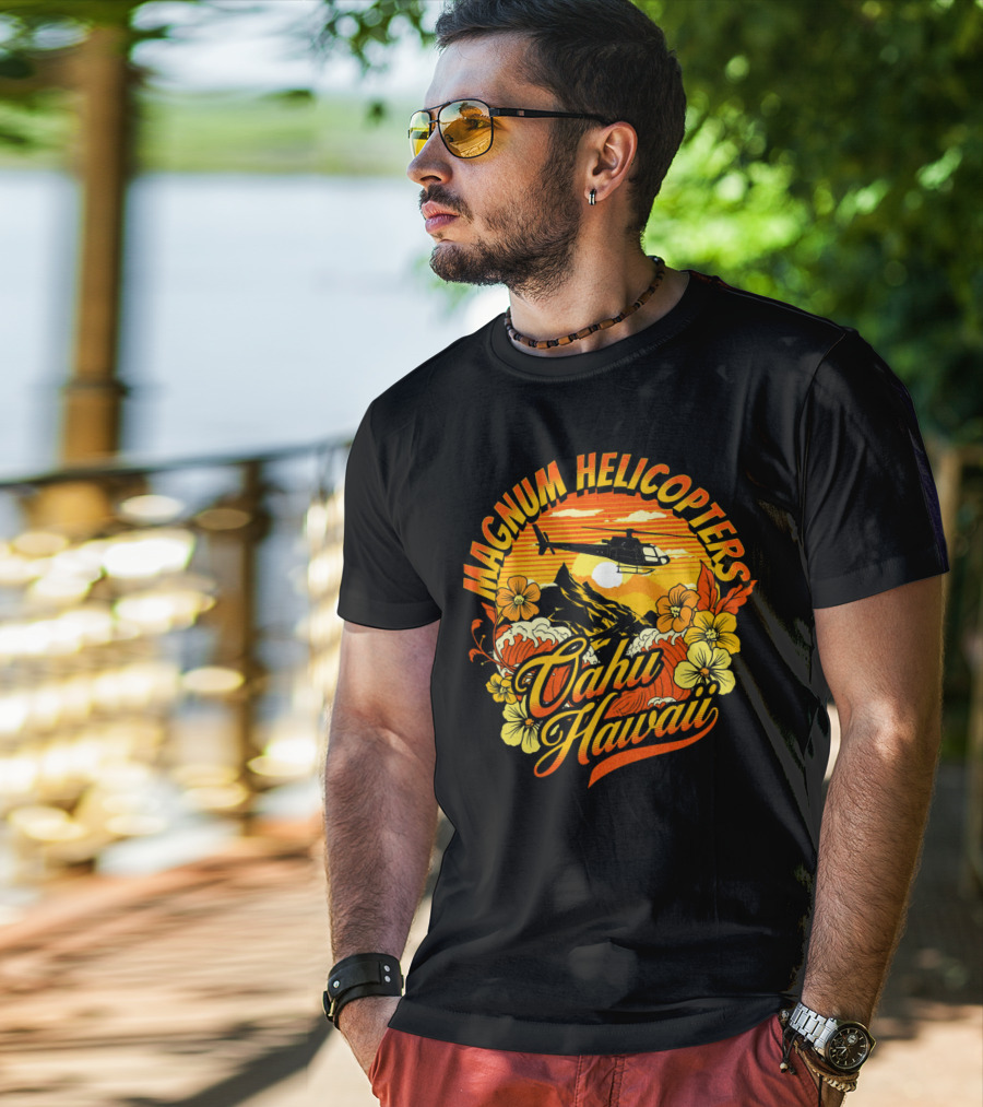 Magnum Helicopters Oahu Hawaii Helicopter Scenic Sunset Tropical Flowers T-Shirt
