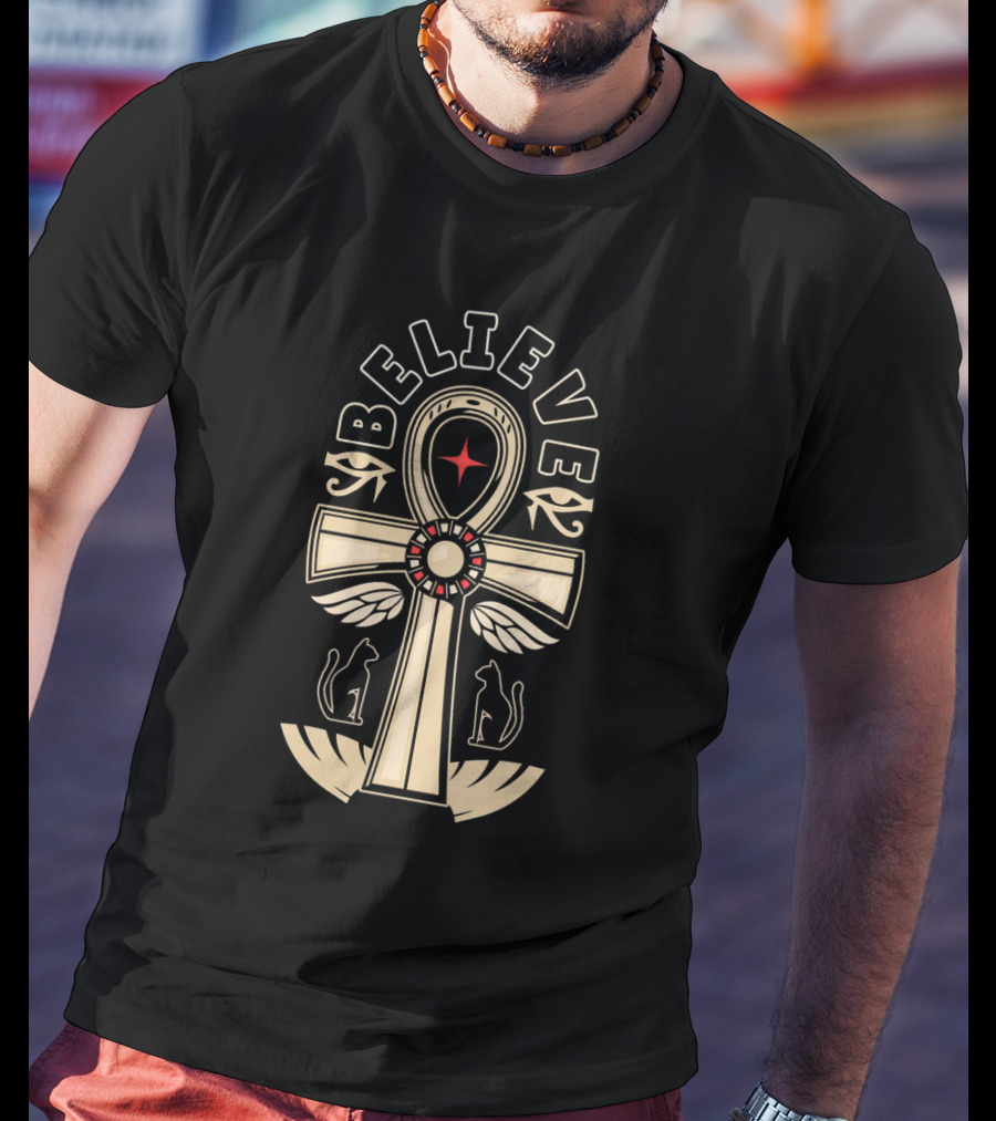 Believe Faith Ankh Symbol With Cats And Wings T-Shirt