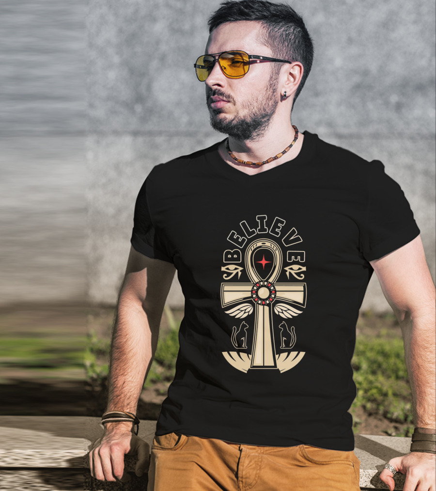 Believe Faith Ankh Symbol With Cats And Wings T-Shirt