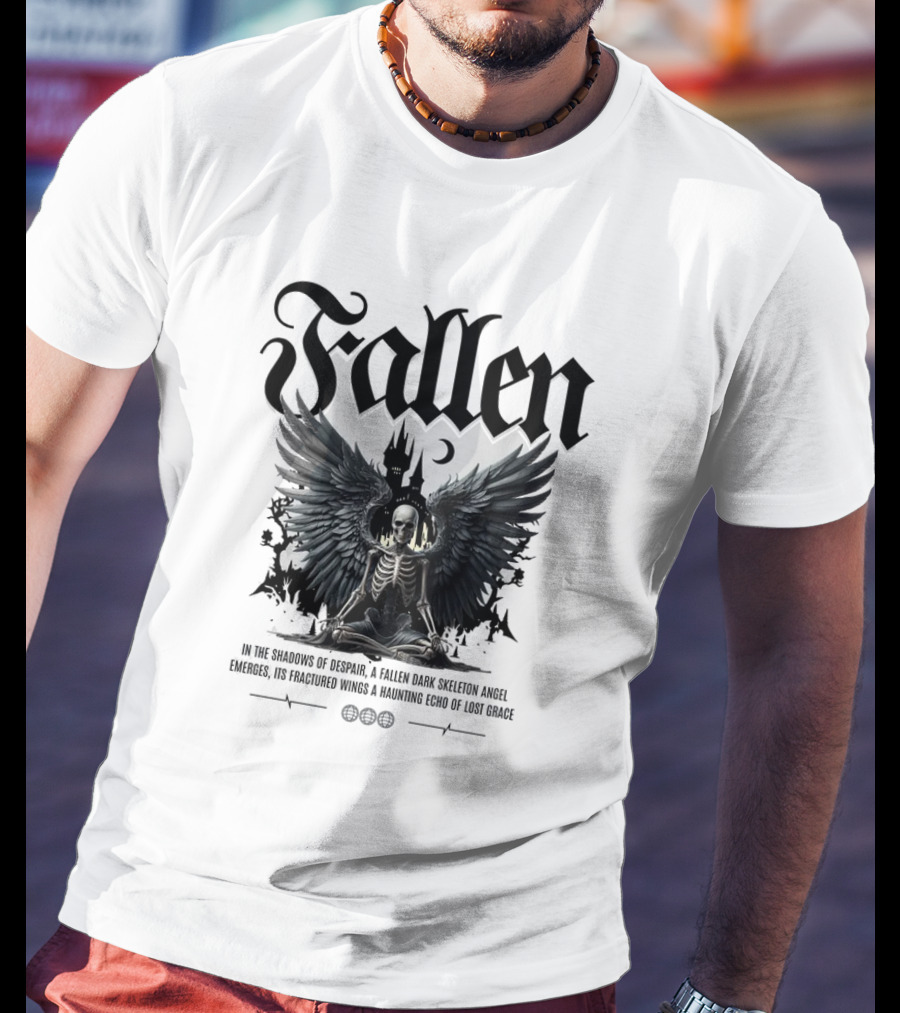 Fallen Dark Skeleton Angel With Fractured Wings And Gothic Castle T-Shirt