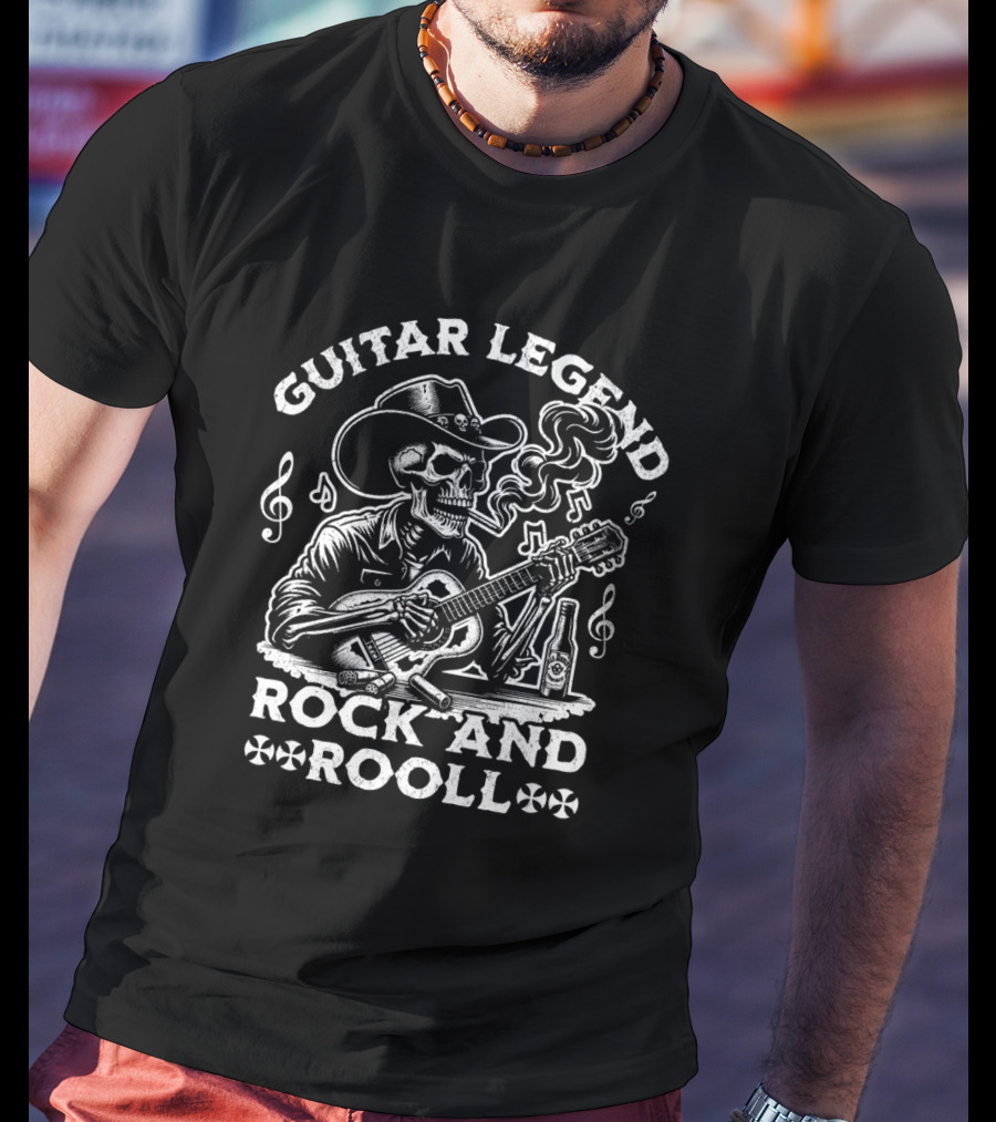 Guitar Legend Rock And Roll Skeleton Cowboy Playing Guitar With Smoking And Musical Notes T-Shirt