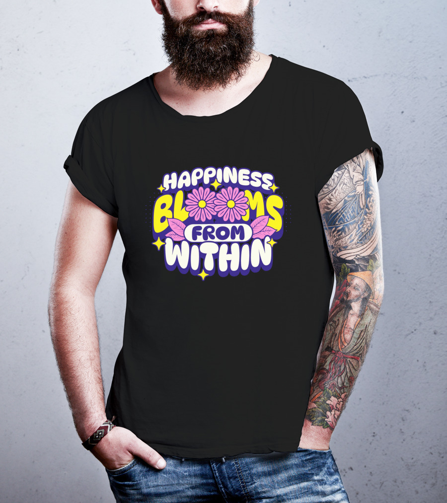 Happiness Blooms From Within With Pink Flowers And Yellow Stars T-Shirt