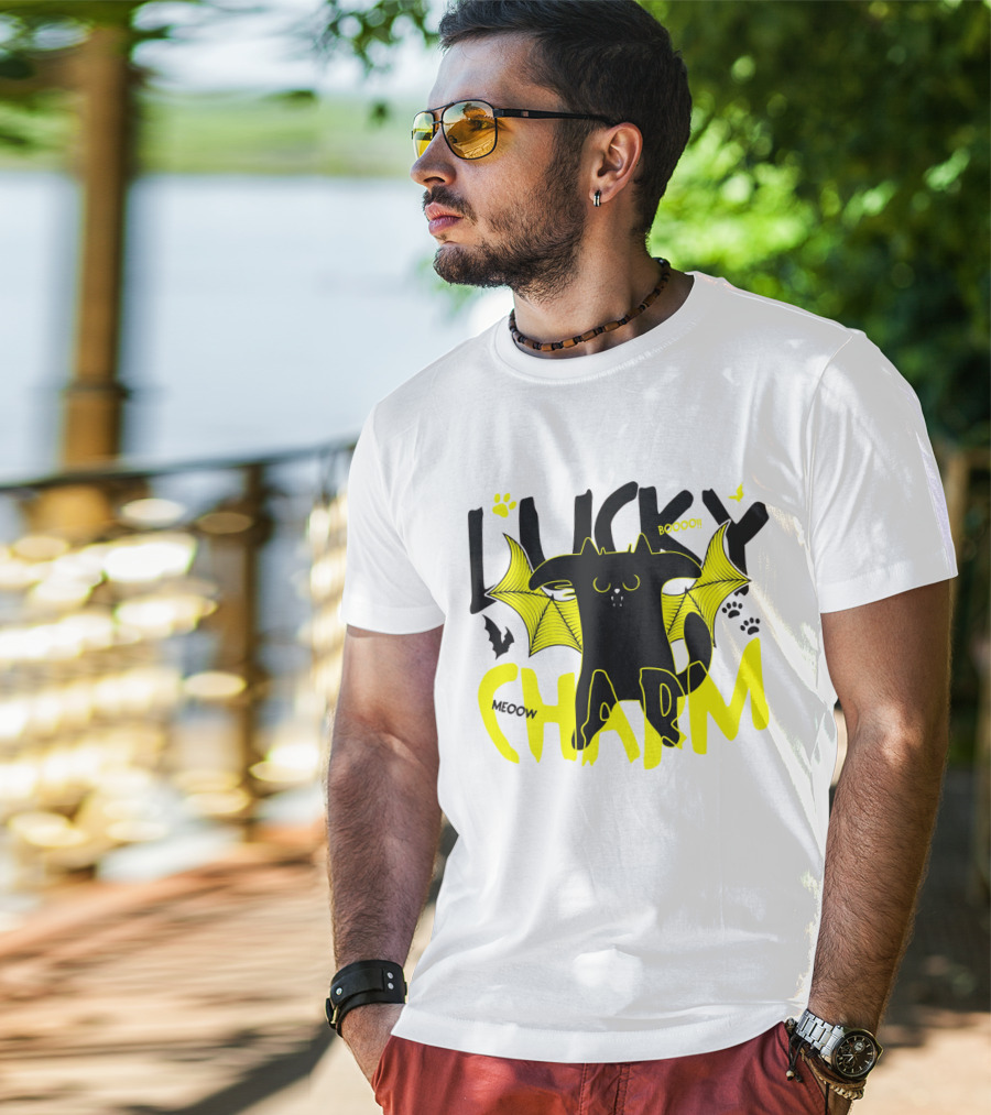 LUCKY CHARM Meow Boooo Bat Wings Cat Paw Prints T-Shirt