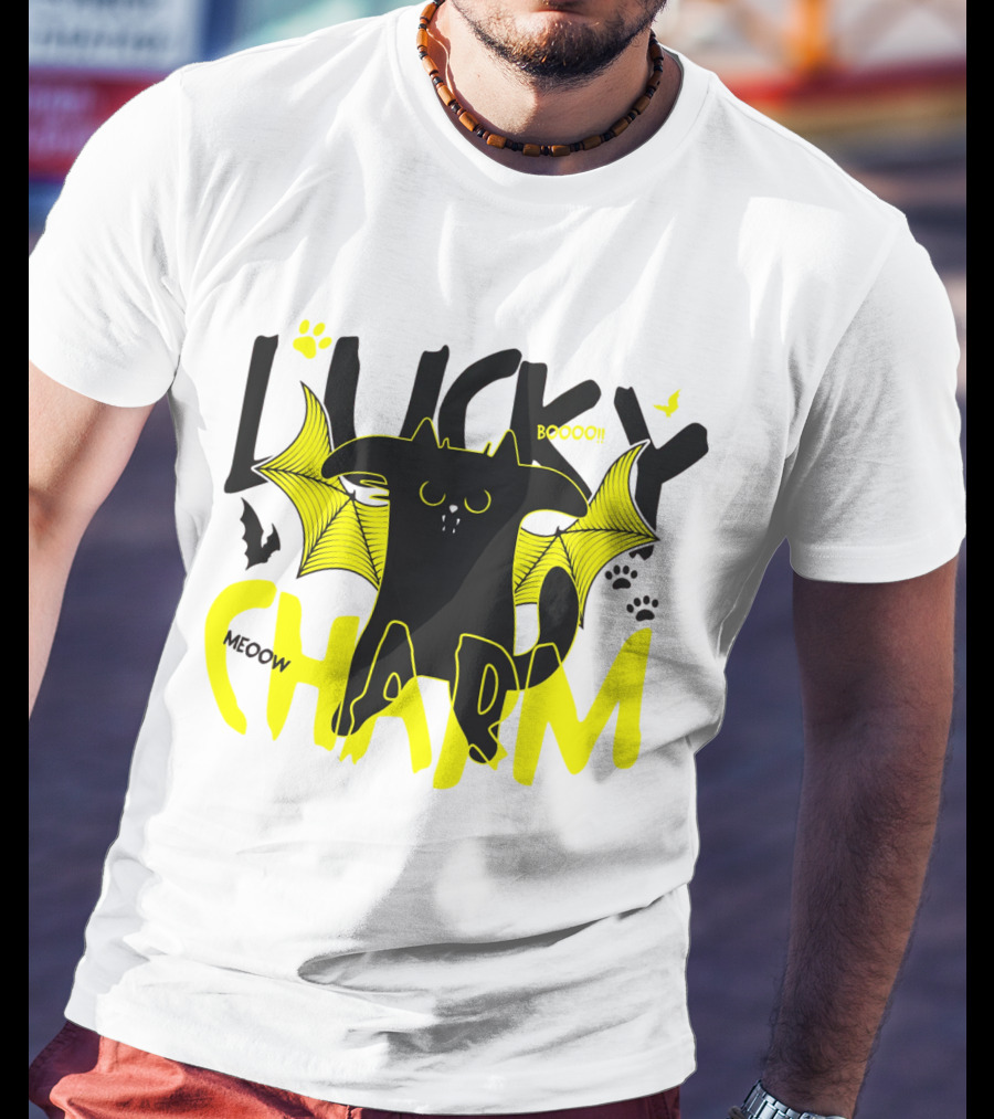 LUCKY CHARM Meow Boooo Bat Wings Cat Paw Prints T-Shirt