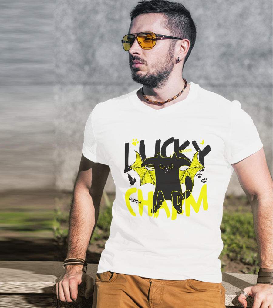 LUCKY CHARM Meow Boooo Bat Wings Cat Paw Prints T-Shirt