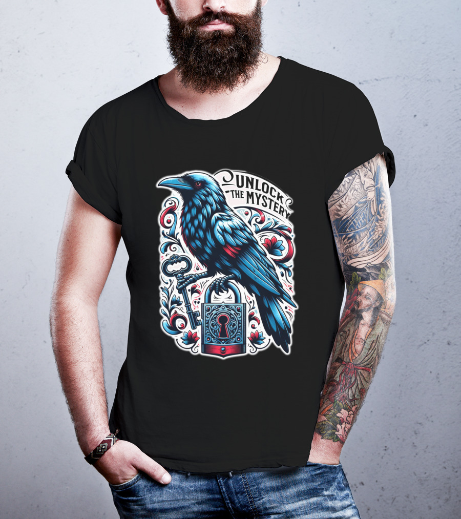 Unlock The Mystery Raven Holding Key And Lock With Ornate Floral T-Shirt