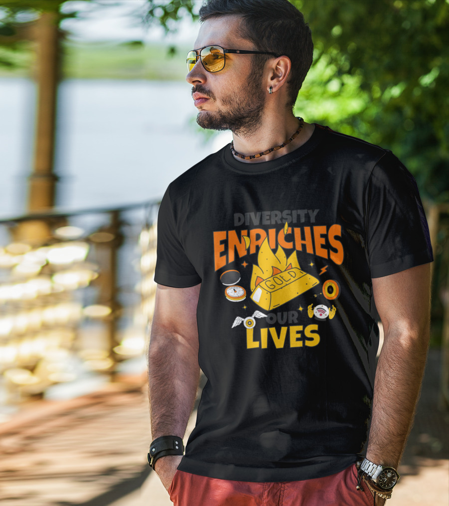 Diversity Enriches Our Lives Gold Flames Wings Compass T-Shirt