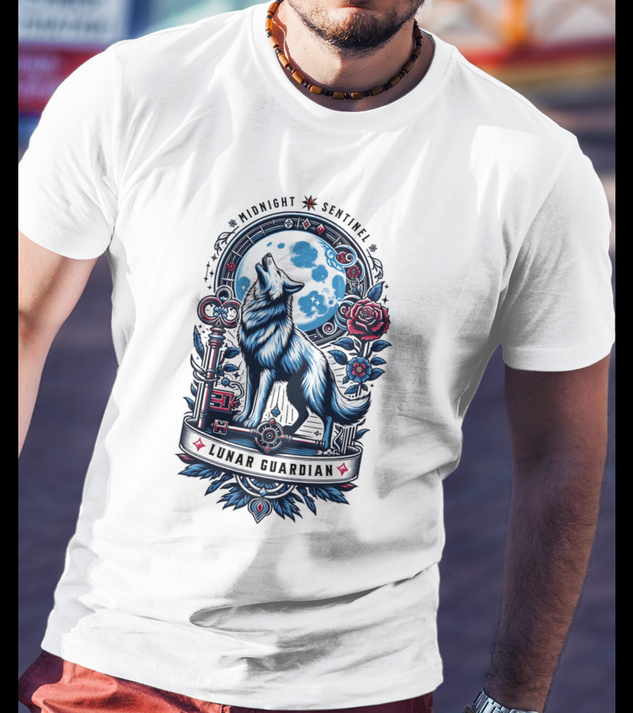 Midnight Sentinel Lunar Guardian Key And Roses Howling Wolf Moon T-Shirt