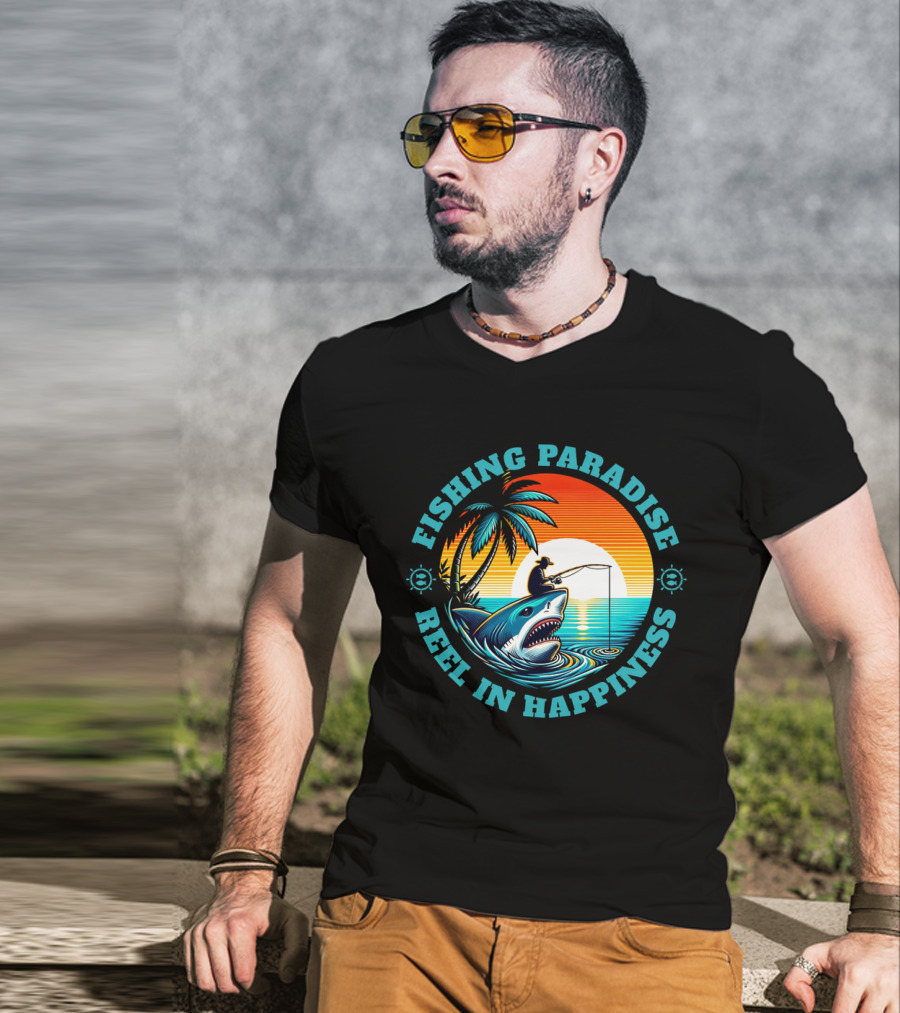 Fishing Paradise Reel In Happiness Sunset Shark Adventure T-Shirt