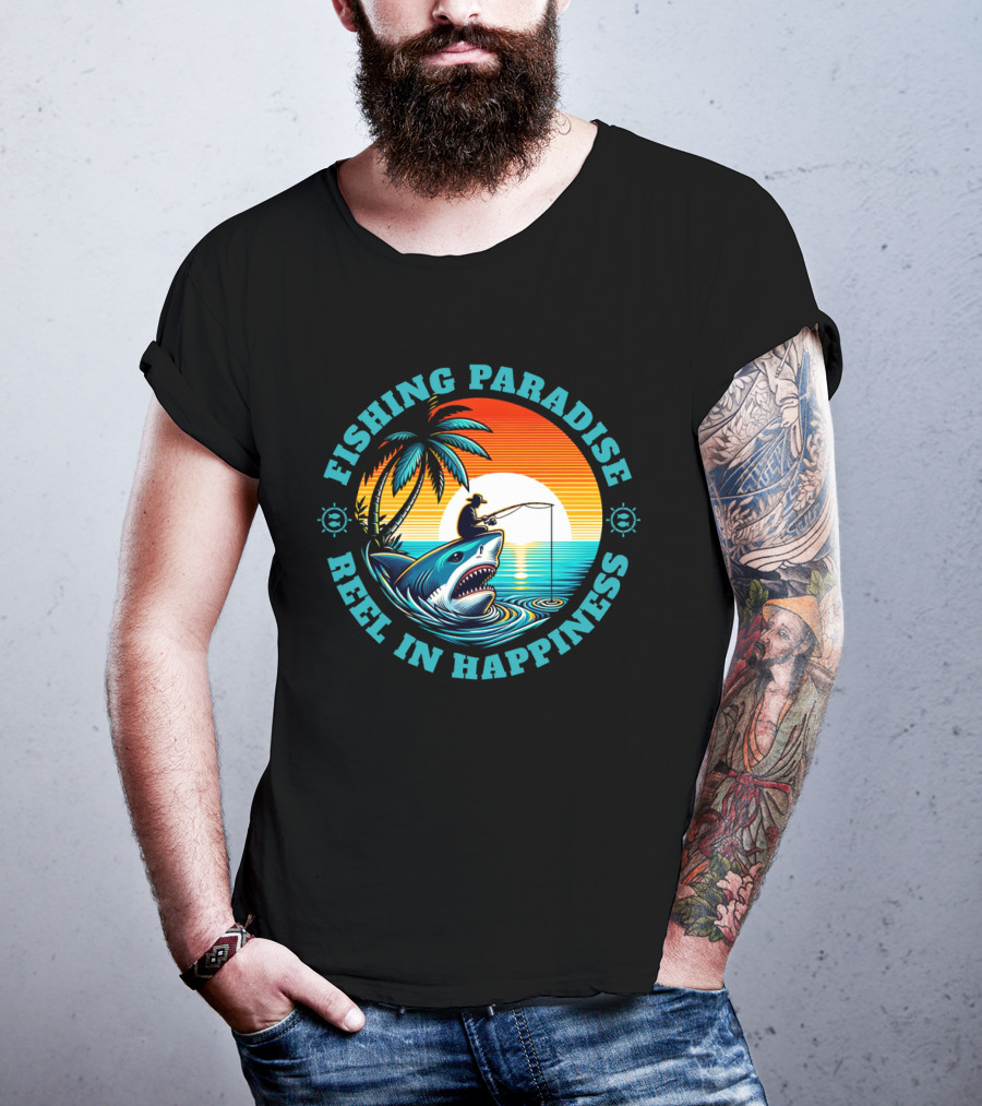 Fishing Paradise Reel In Happiness Sunset Shark Adventure T-Shirt