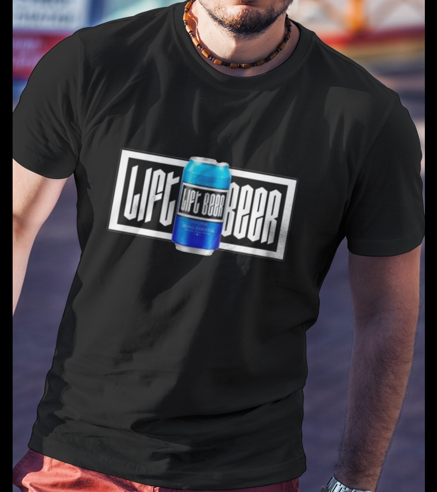 Lift Beer Original Drinking Essential Emblem - Black And White Background With Blue Can T-Shirt