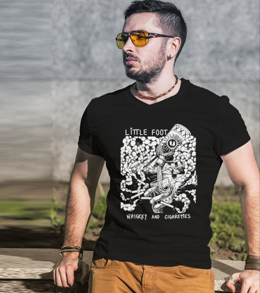 Little Foot Whiskey And Cigarettes Hand Holding Cigarettes And Pouring XXX Bottle In Cloudy Mountains Scene T-Shirt