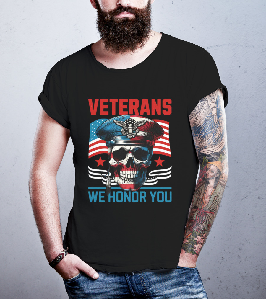 VETERANS WE HONOR YOU Skull With Eagle And Flag T-Shirt