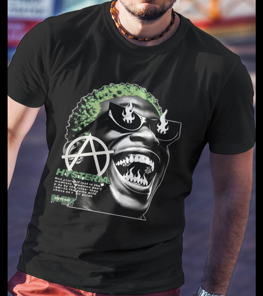 Hysteria Outcast Society Anarchy Flames Green Hair Smiling Face T-Shirt
