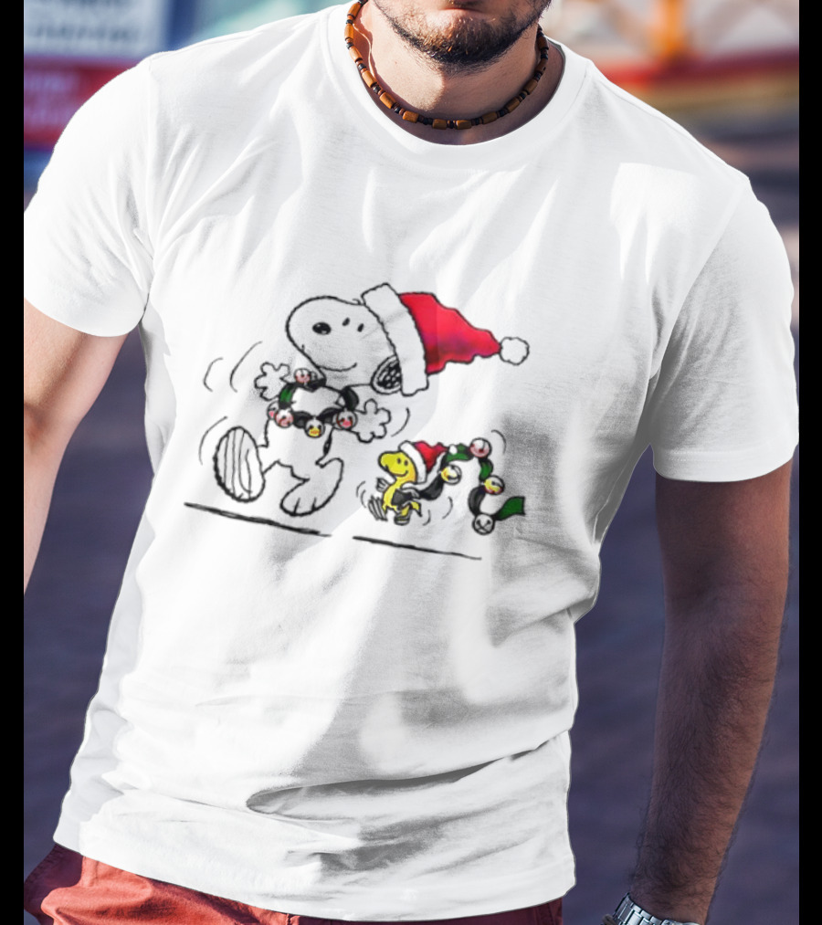 Santa Snoopy And Woodstock Christmas Lights Cartoon T-Shirt