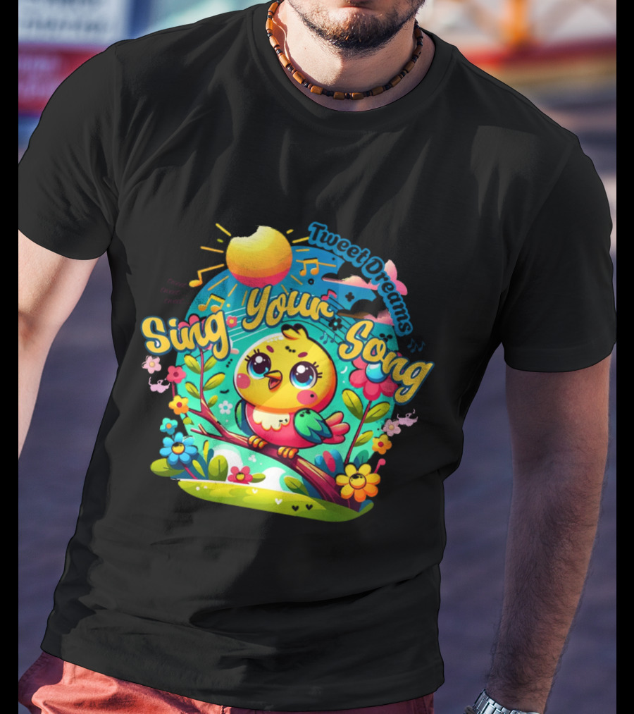 Tweet Dreams Sing Your Song Brightly-Colored Cartoon Bird And Musical Notes T-Shirt