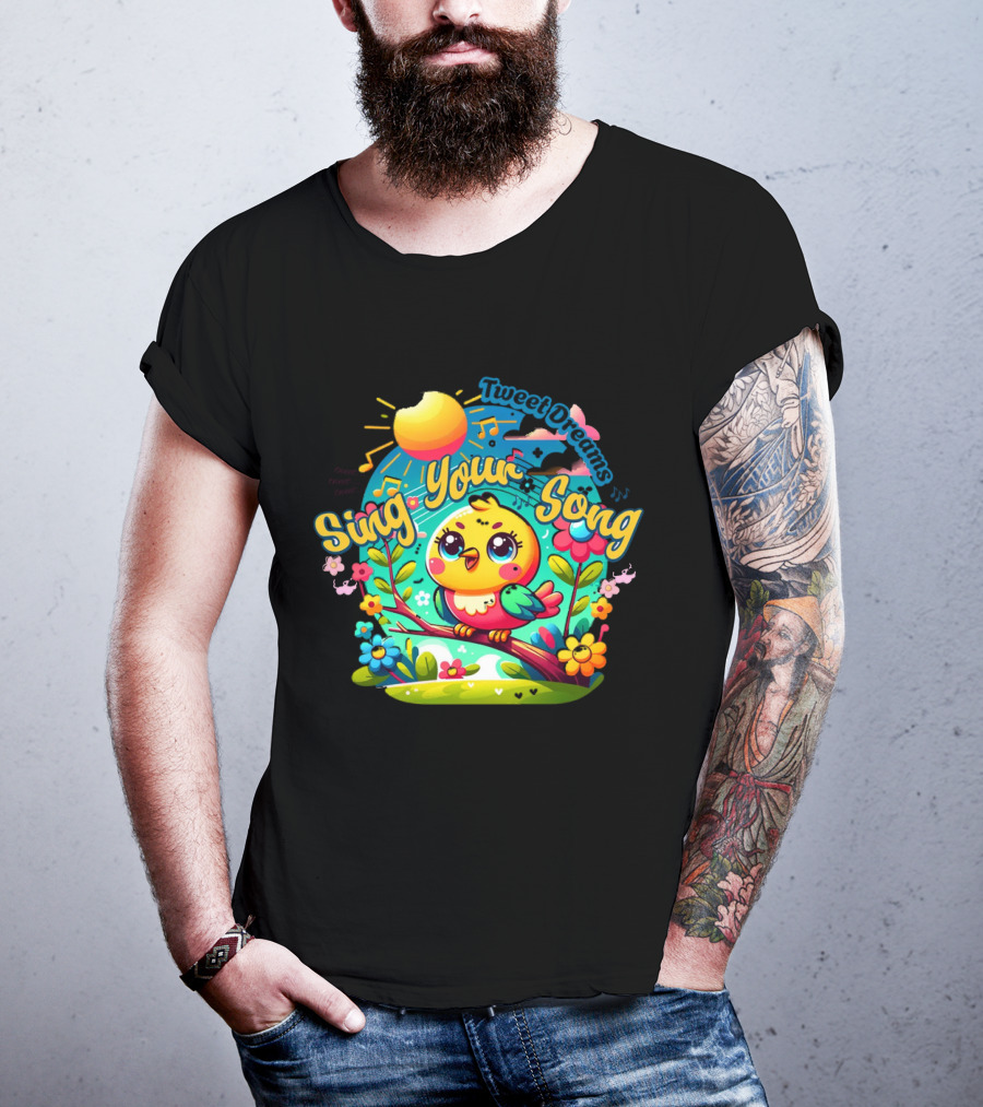 Tweet Dreams Sing Your Song Brightly-Colored Cartoon Bird And Musical Notes T-Shirt