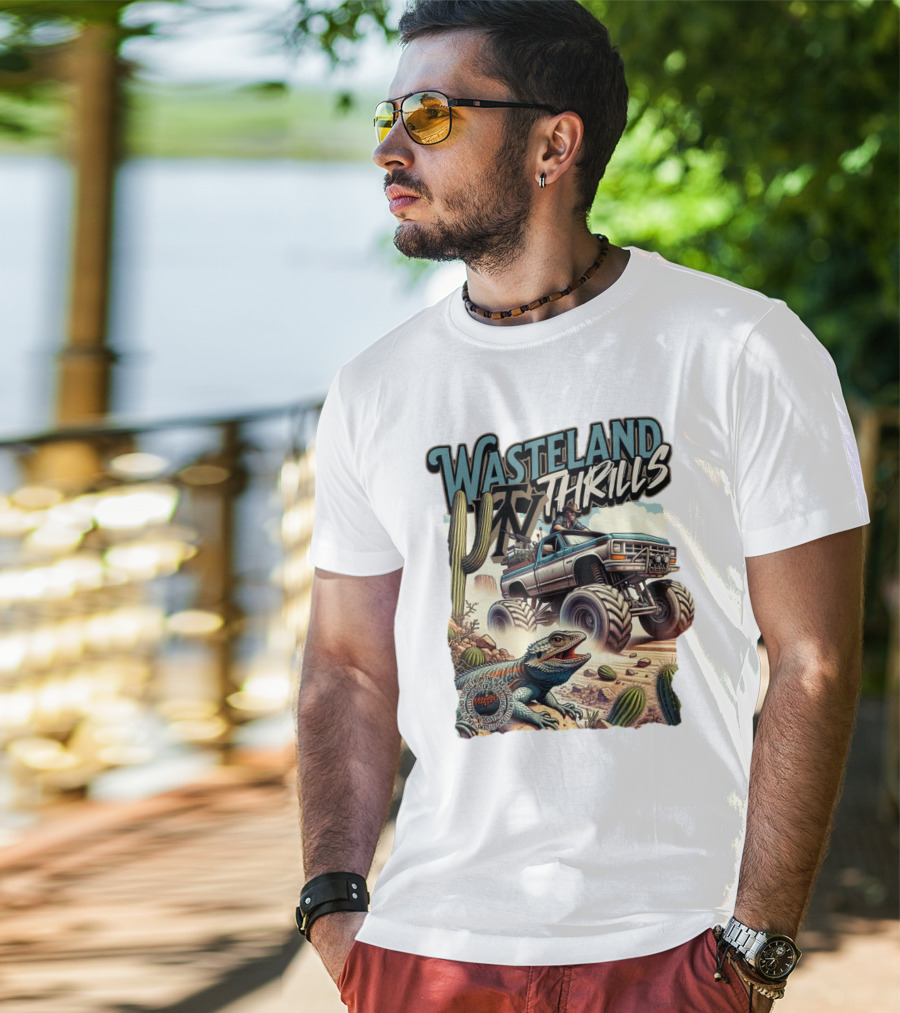 Wasteland Thrills Monster Truck Adventure With Lizard And Cactus Desert Scene T-Shirt