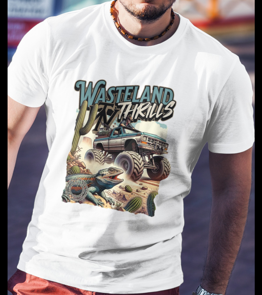 Wasteland Thrills Monster Truck Adventure With Lizard And Cactus Desert Scene T-Shirt