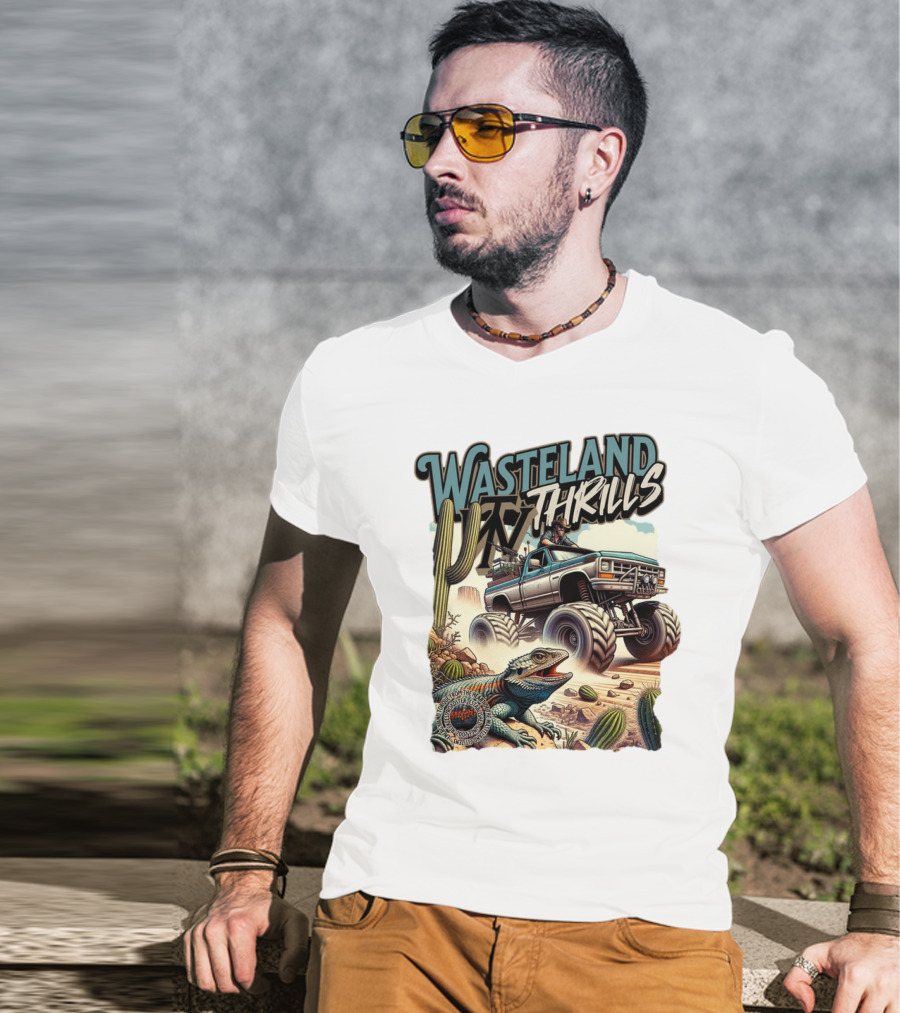 Wasteland Thrills Monster Truck Adventure With Lizard And Cactus Desert Scene T-Shirt