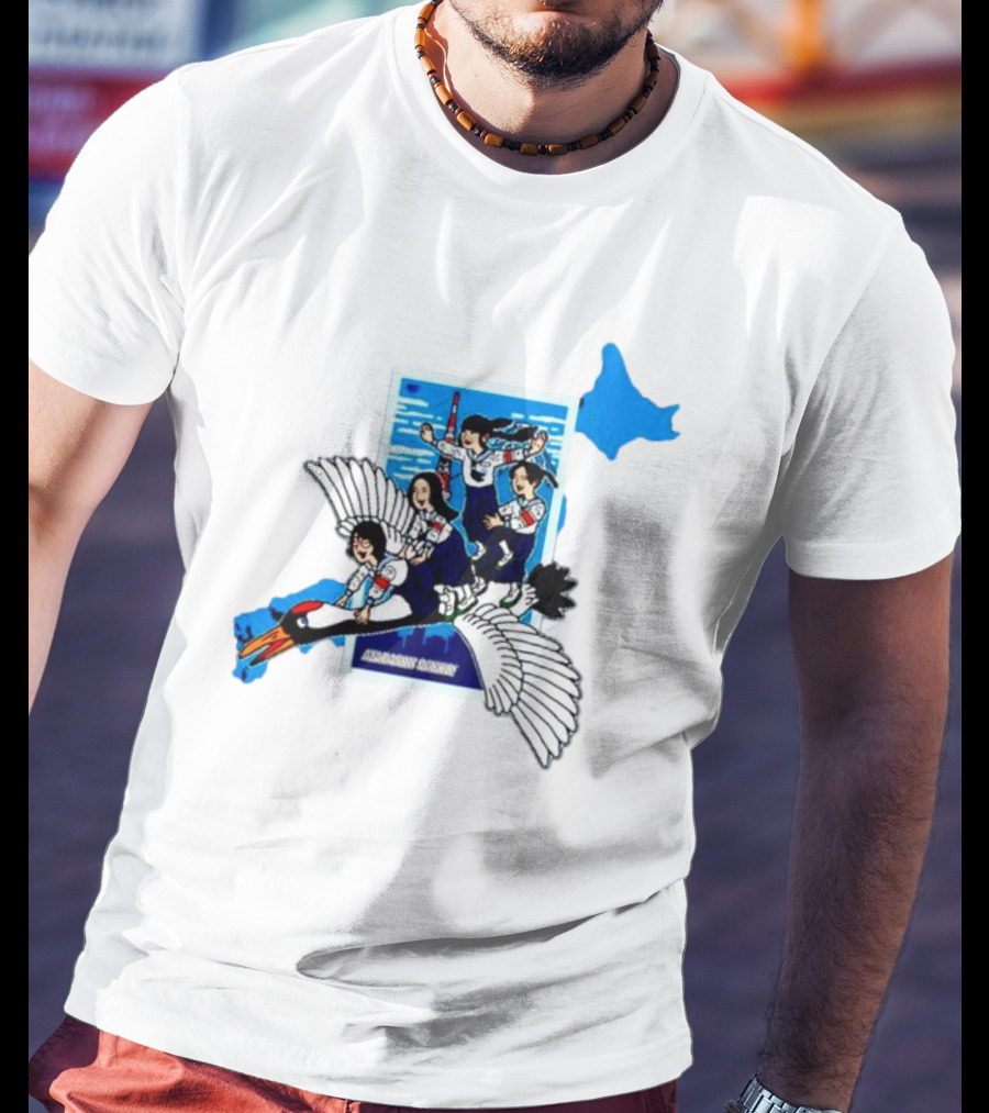 Atarashii Gakko Navy Crane Cartoon With Energetic Flyers And Blue Map Highlight T-Shirt
