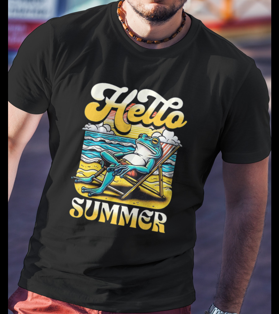 Hello Summer Frog Vintage Beach Scene T-Shirt