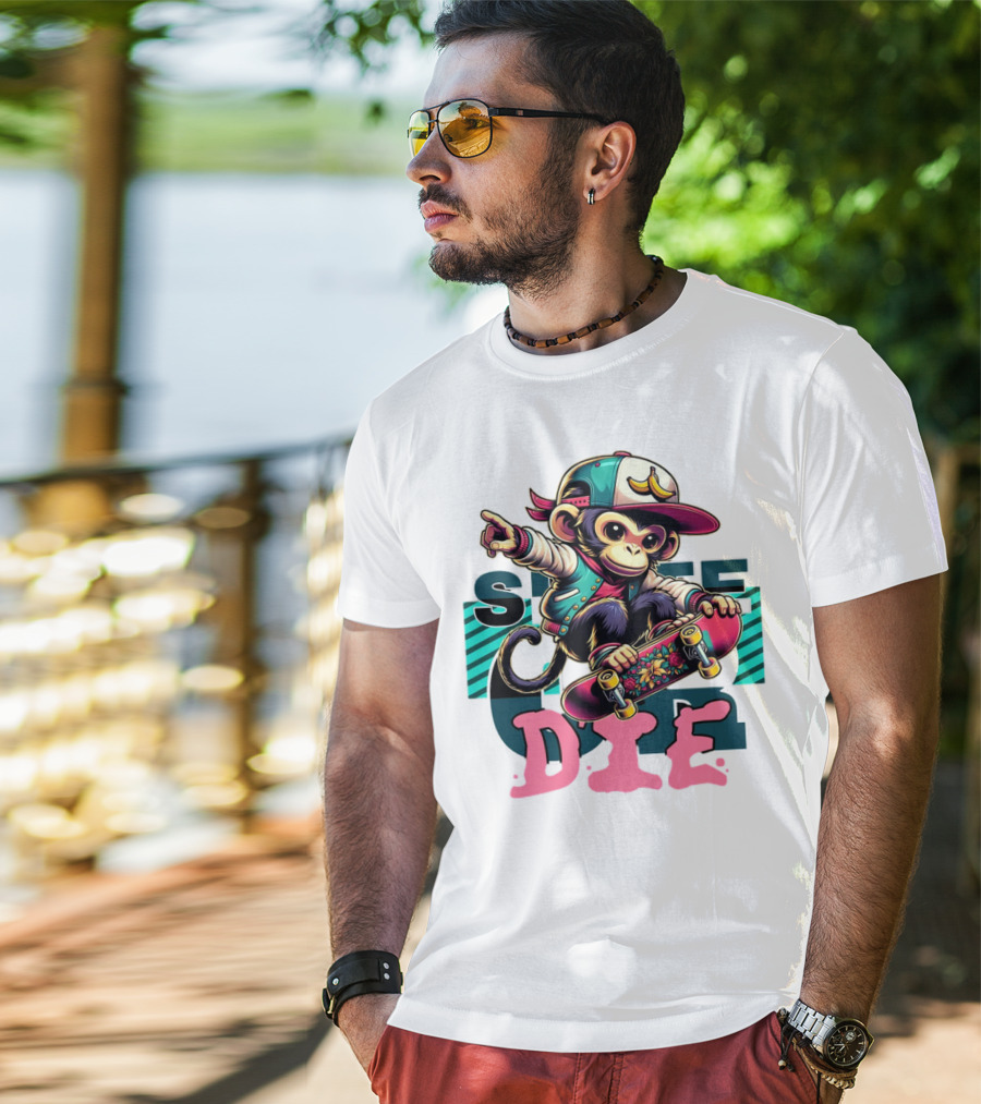Skate Or Die Monkey On Skateboard With Cap And Jacket T-Shirt