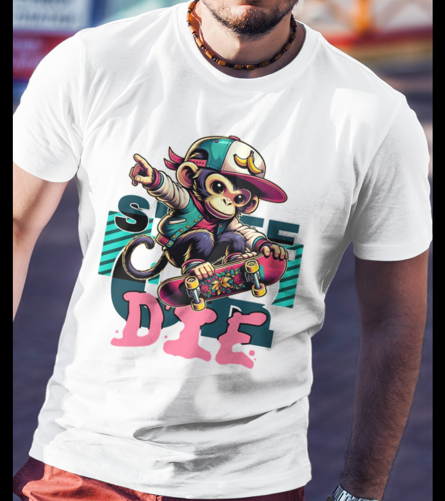 Skate Or Die Monkey On Skateboard With Cap And Jacket T-Shirt