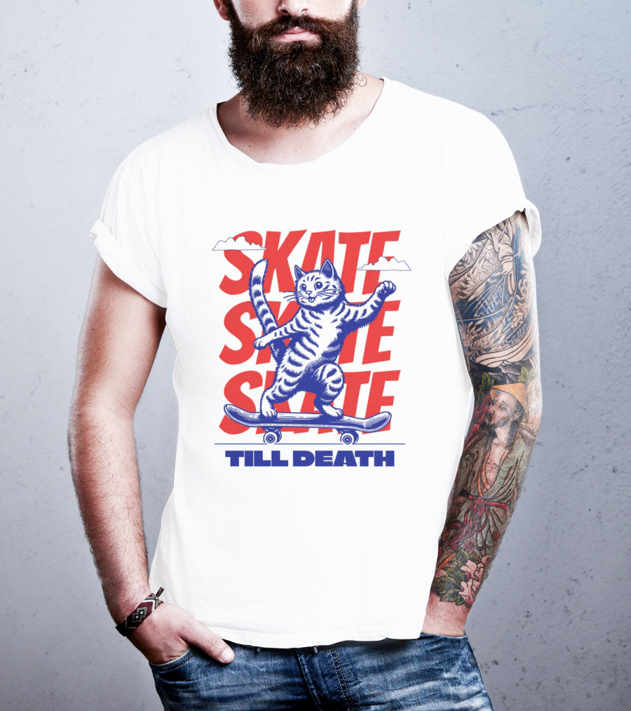 SKATE SKATE SKATE TILL DEATH Cat On Skateboard T-Shirt