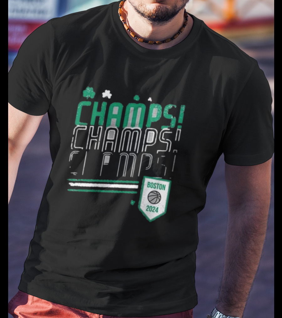 Boston Celtics ’24 Champs Champs Champs Basketball Shield T-Shirt