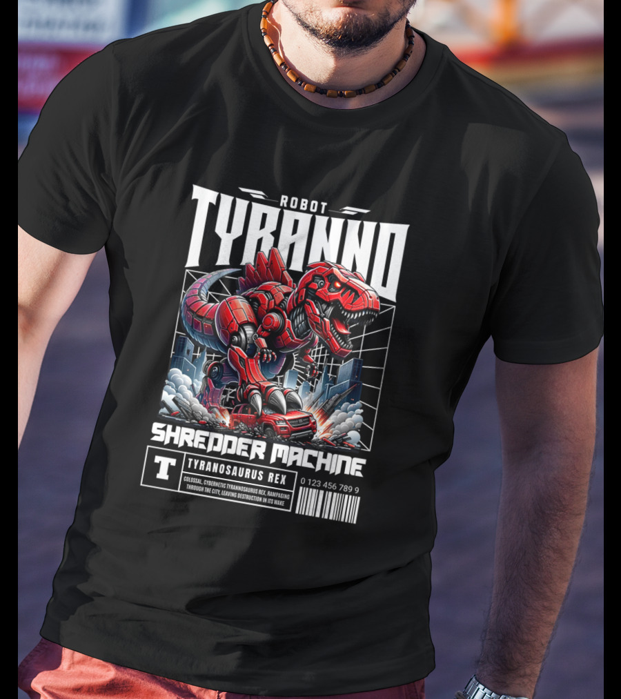 Robot Tyranno Shredder Machine Colossal Cybernetic Tyrannosaurus Rex Rampaging Through The City T-Shirt