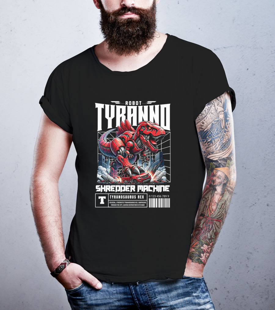 Robot Tyranno Shredder Machine Colossal Cybernetic Tyrannosaurus Rex Rampaging Through The City T-Shirt