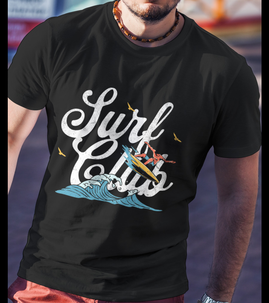 Surf Club Vintage Surfing Wave With Seagulls And Surfer T-Shirt