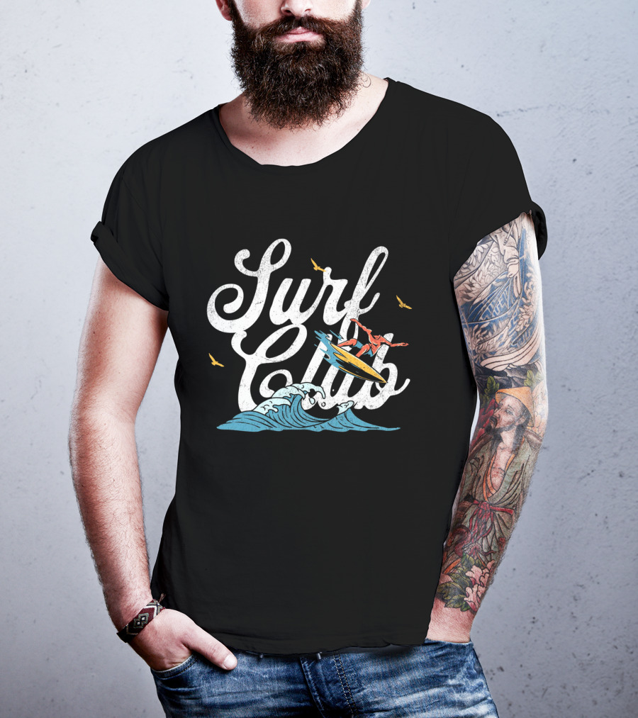 Surf Club Vintage Surfing Wave With Seagulls And Surfer T-Shirt