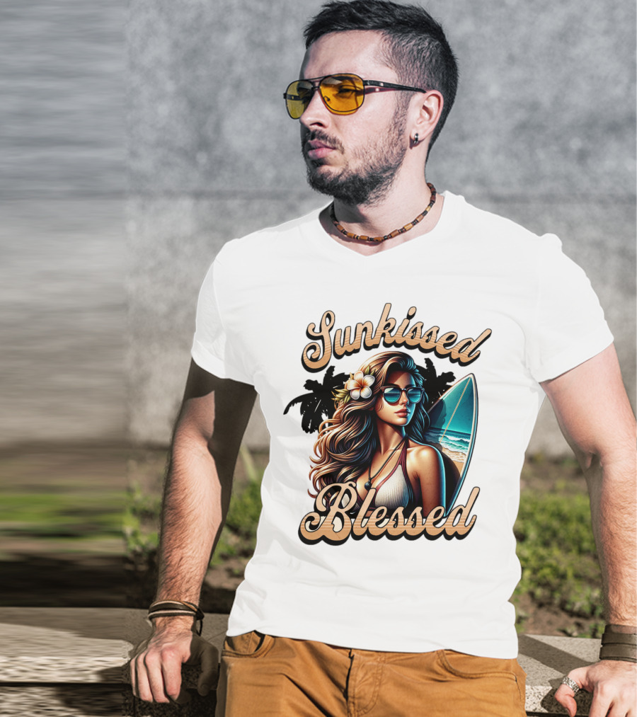 Sunkissed Blessed Surfer Girl In Sunglasses With Surfboard And Flower In Hair T-Shirt