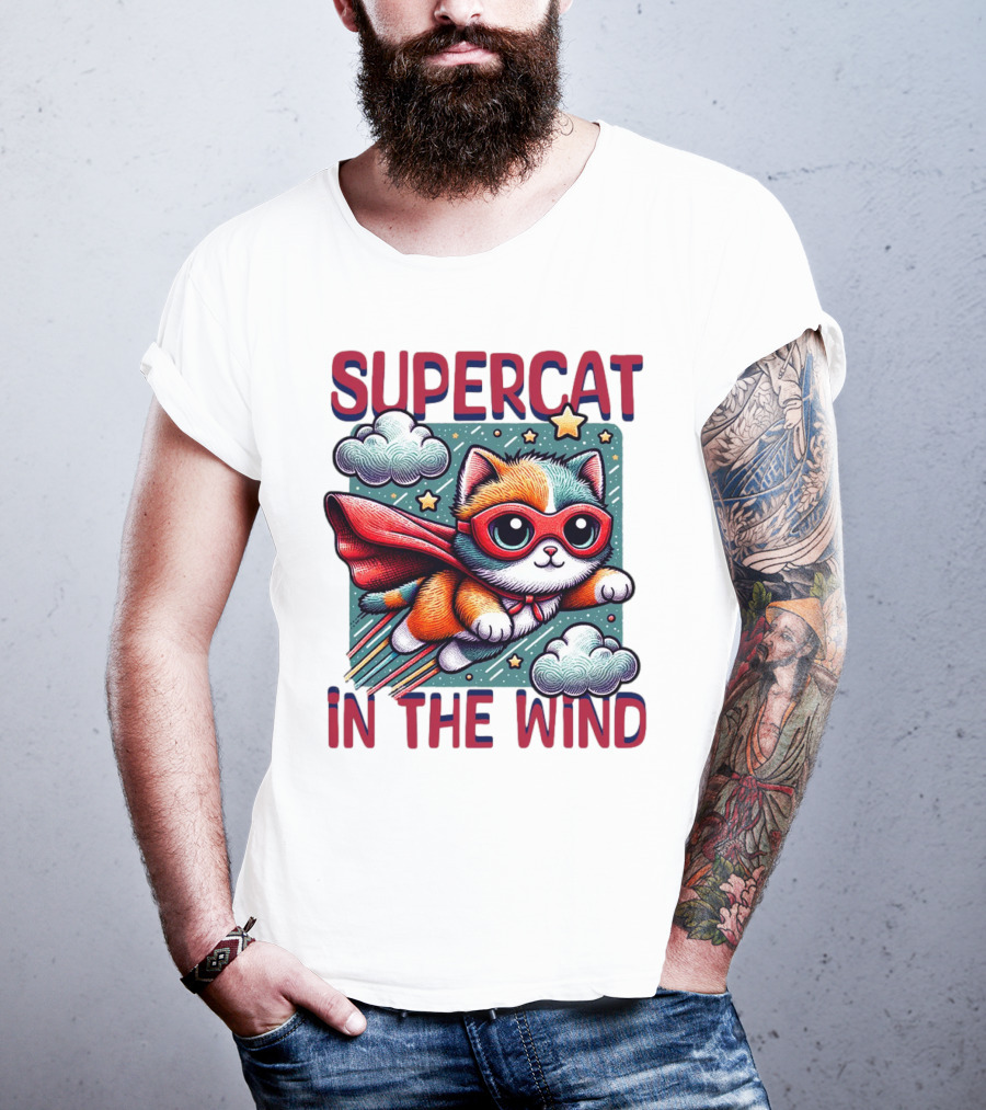 SUPER CAT IN THE WIND STAR ADVENTURE WITH CLOUDS AND CAPE T-Shirt