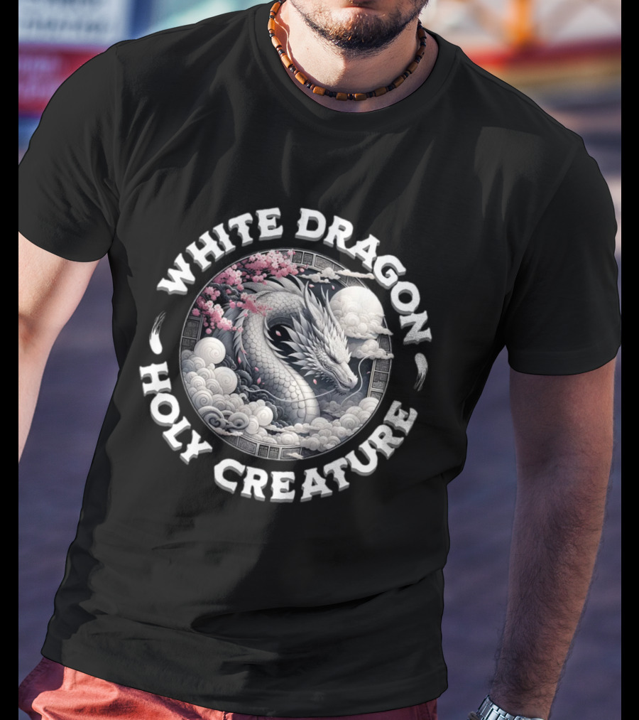 White Dragon Holy Creature Cherry Blossom Circular T-Shirt
