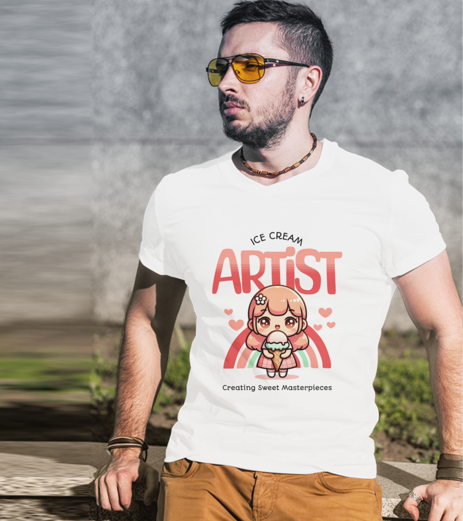 Ice Cream Artist Creating Sweet Masterpieces Kawaii Girl With Hearts And Rainbow T-Shirt
