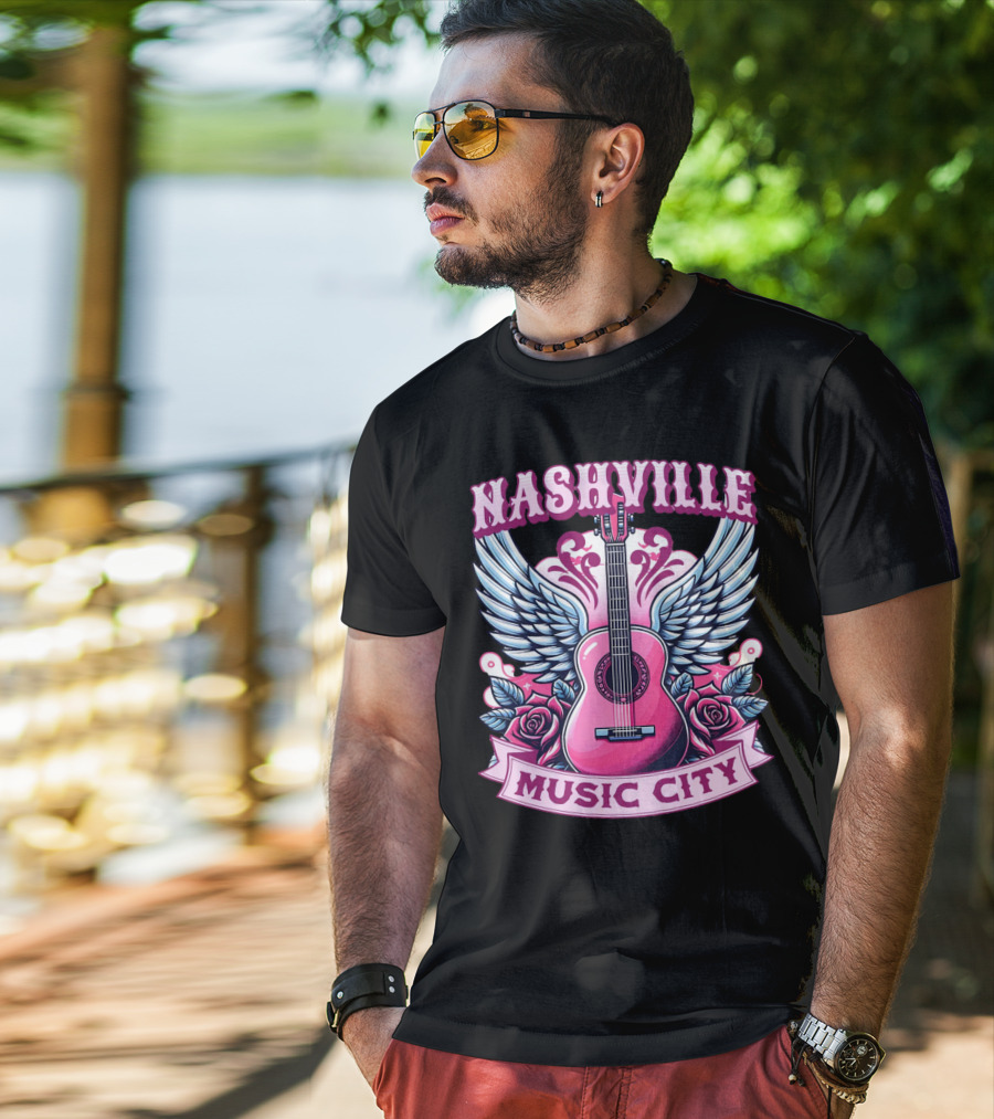 Nashville Music City Pink Guitar Wings Roses T-Shirt