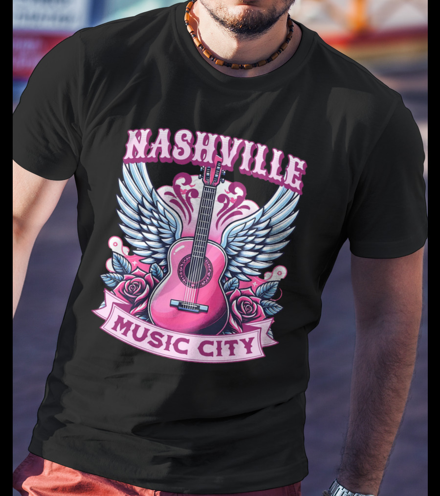 Nashville Music City Pink Guitar Wings Roses T-Shirt